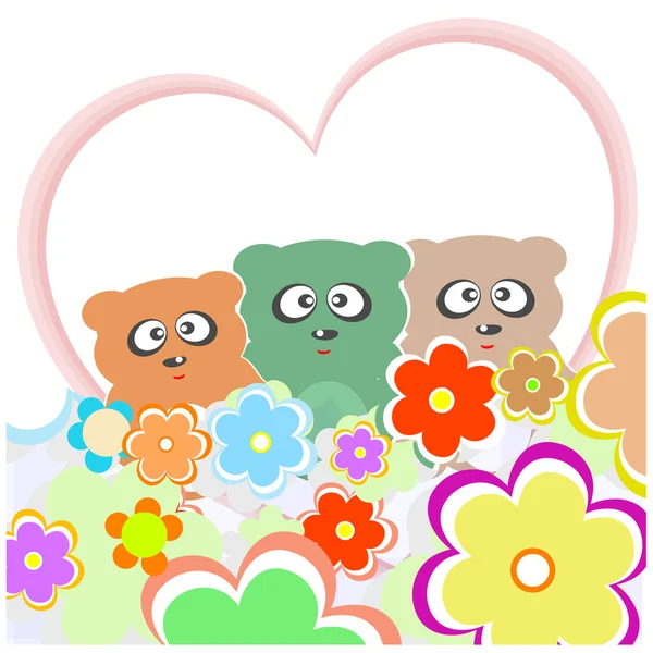 Set teddy bear with many flowers and love heart — Stock Vector