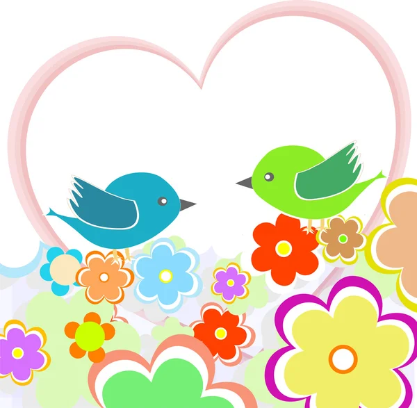 Κάρτα με πουλιά στην κόκκινη καρδιά μεταξύ λουλουδιών με θέση για το κείμενο — Διανυσματικό Αρχείο