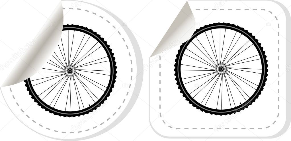 Bike wheel with tire and spokes vector sticker set
