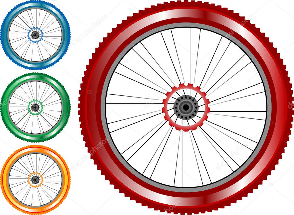 Set of colored bike wheel with tire and spokes isolated on white background