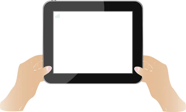 Mãos segurando tela sensível ao toque tablet pc com tela em branco — Vetor de Stock