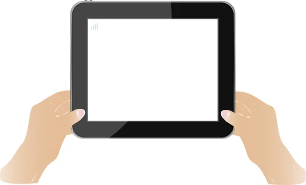 Mains tenant écran tactile tablette PC avec écran blanc — Image vectorielle