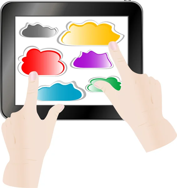 Hand te drukken op een wolk van papier op tablet pc-computer — Stockvector