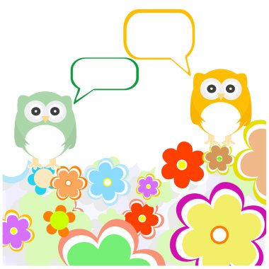 Owl family with flowers and speech bubbles