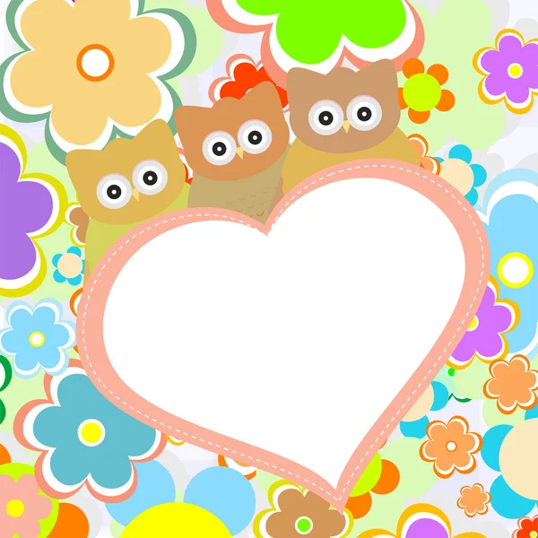 Owls in flowers with big heart. vector — Stock Vector