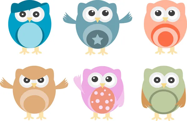 stock vector Set of six cartoon owls with various emotions