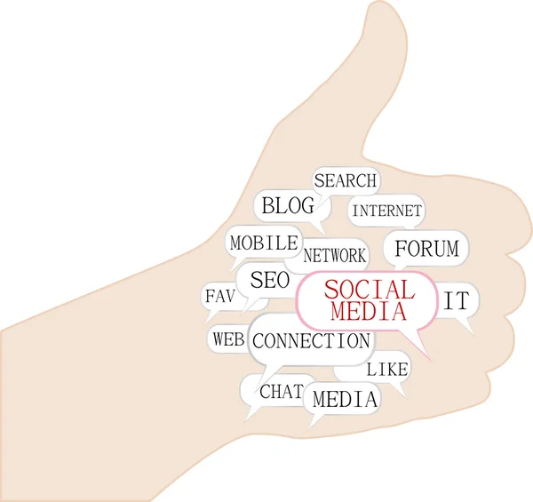 Μπράβο σύμβολο με κείμενο λέξεις-κλειδιά σε θέματα κοινωνικών μέσων μαζικής ενημέρωσης — Διανυσματικό Αρχείο
