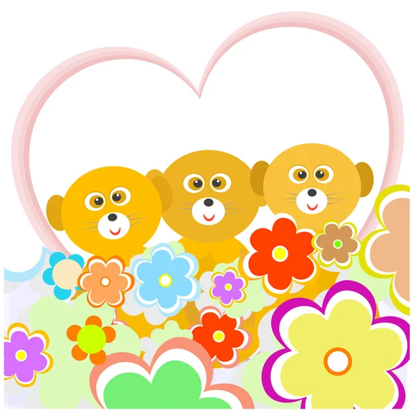 Lémur de dibujos animados con muchas flores y corazón — Vector de stock