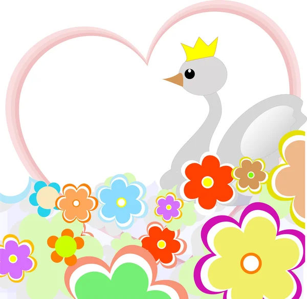 Niedliche Ente im Herzen mit Blumen. Grußkarte — Stockvektor