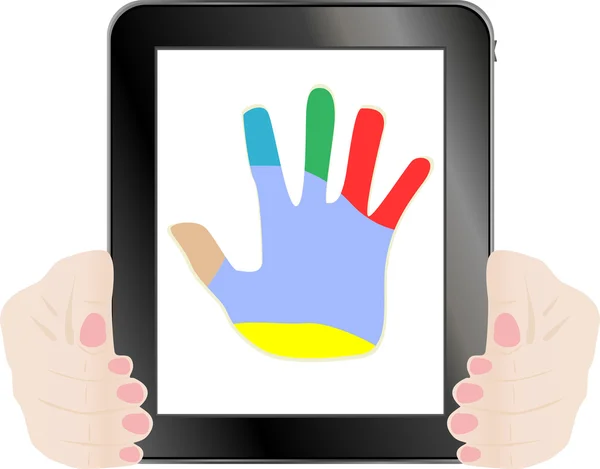 Tablette vectorielle noire pc avec main sur l'écran — Image vectorielle