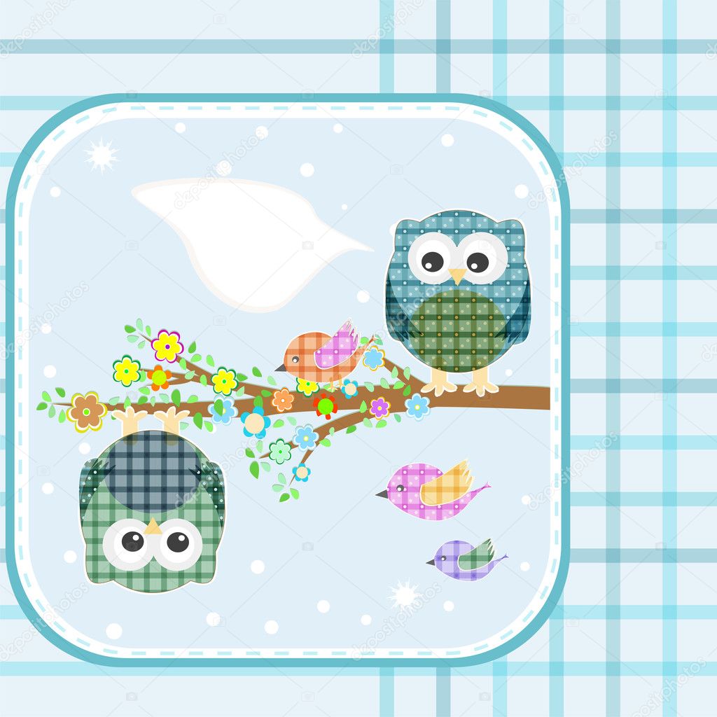 Two owls and birds on the tree. Vector