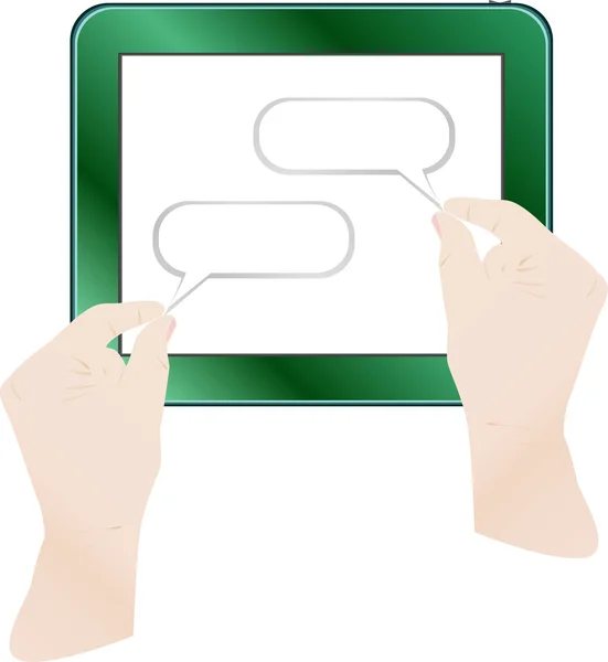 Handen houden en wijs tablet pc met cloudscape op scherm — Stockvector