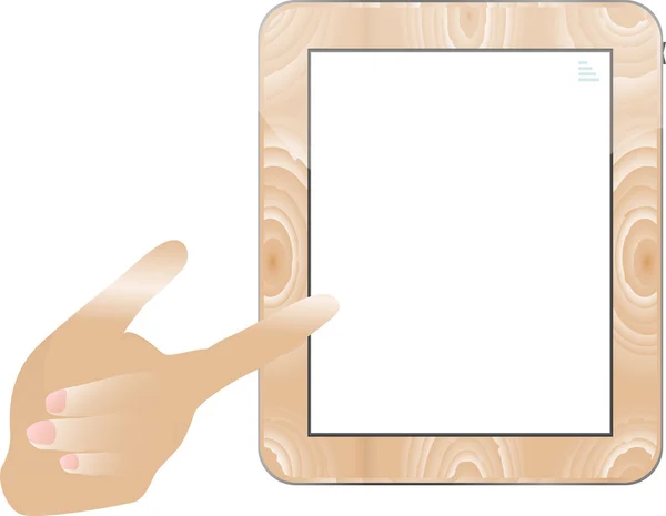 Mão segurando um touchpad madeira tablet pc — Vetor de Stock