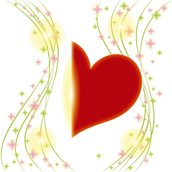 Fleur printanière avec carte de voeux coeur rouge — Image vectorielle