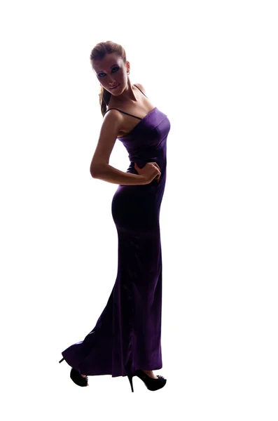 Beautiful slim girl in long evening dress — Stock Photo, Image