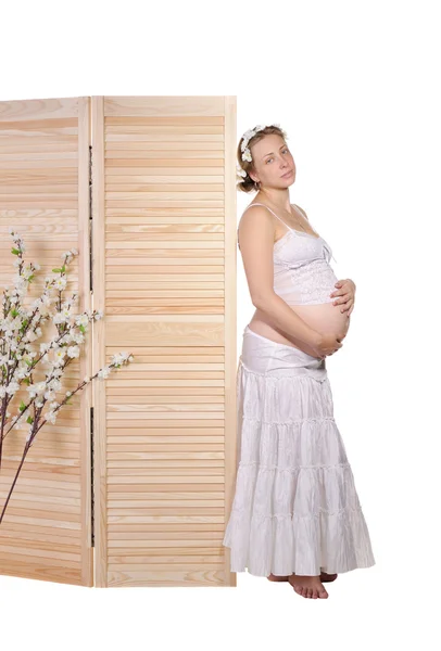 Hermosa mujer embarazada se encuentra cerca de una valla de madera — Foto de Stock