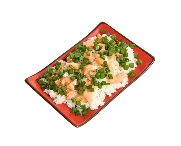 슬라이스 연어와 다진된 부추와 함께 식욕을 돋 우는 맛 있는 삶은 쌀 로열티 프리 스톡 사진