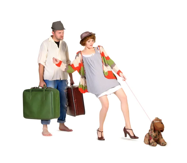 Couple with suitcases on white background — Stock Photo, Image