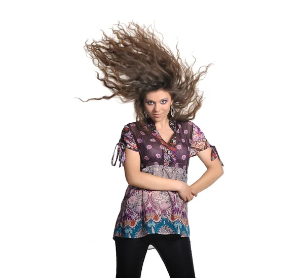 Morena bonita com cabelo voador — Fotografia de Stock