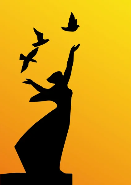 stock image Silhouette girl with doves isolated on yellow background