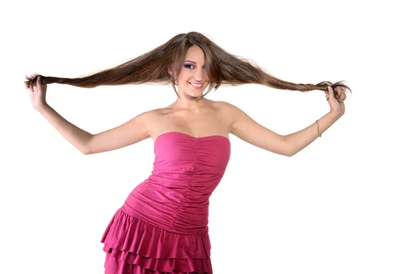 Krásná brunetka v růžovém oblečení profesionálně madeup 12 — Stock fotografie