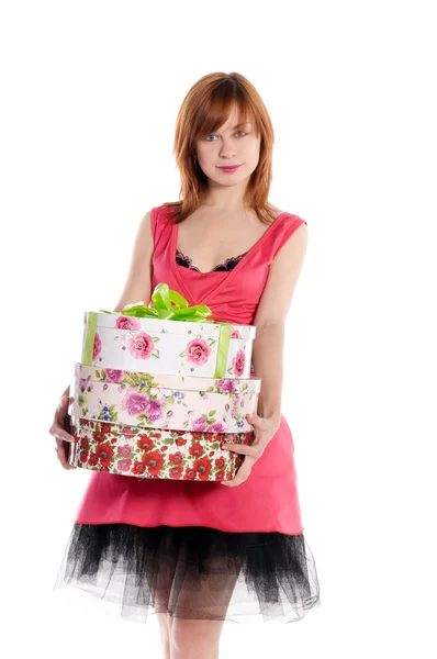 St. valentine's day young red haired girl with boxes — Stock Photo, Image