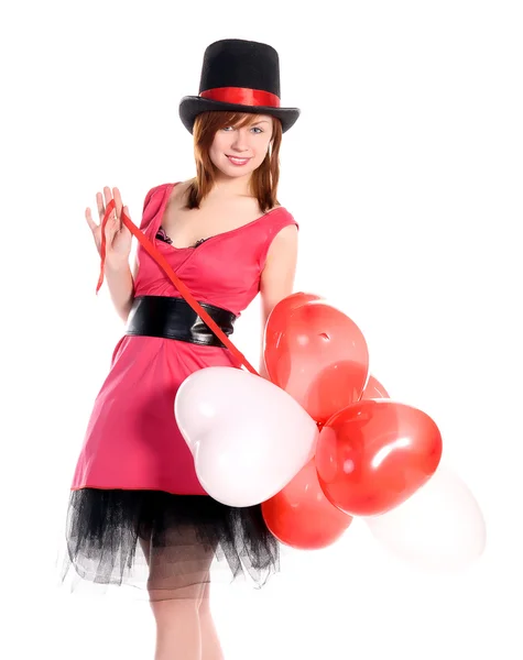 St. Valentijnsdag rode haired meisje met hartvormige bal — Stockfoto