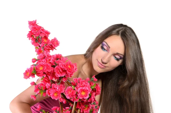 Vacker flicka professionellt rosa smink — Stockfoto