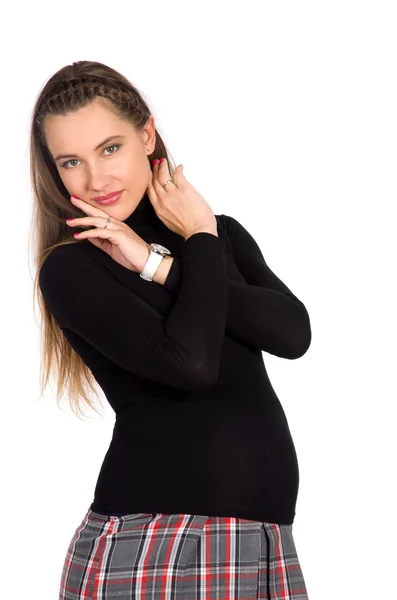 Szép terhes lány trendi kockás szoknya 5 — Stock Fotó