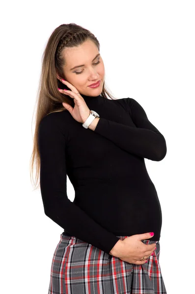Szép terhes lány trendi kockás szoknya 6 — Stock Fotó