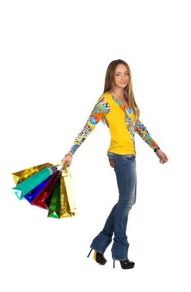 Schönes Mädchen beim Einkaufen mit Paketen 1 — Stockfoto