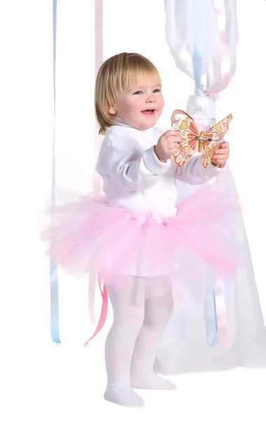 Girl in a pink tutu with butterfly — Stock Photo, Image