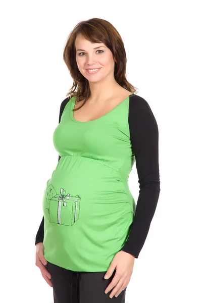 Schwangere im modischen grünen Pullover mit Muster auf dem T-Shirt — Stockfoto