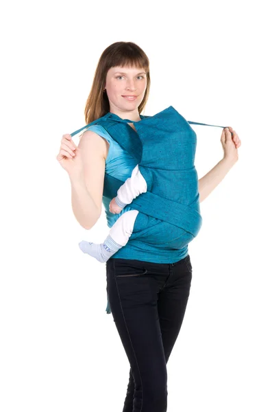 Young mother with baby in sling — Stock Photo, Image