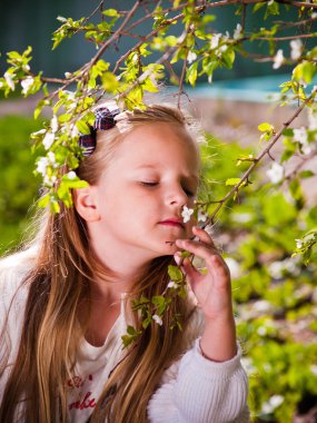 Kız bir çiçekli ağaç kokusu baharda inhales.