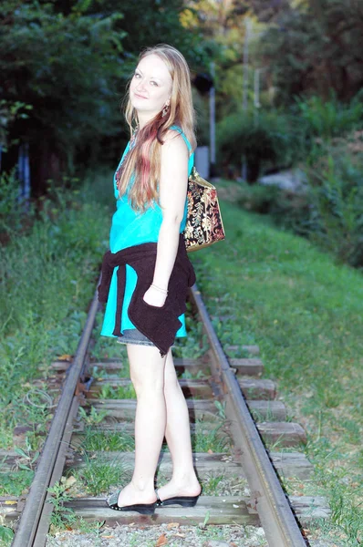 stock image Girl on railroad