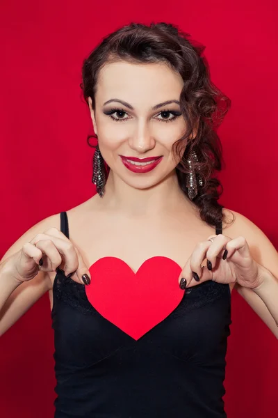 Woman and red heart — Stock Photo, Image