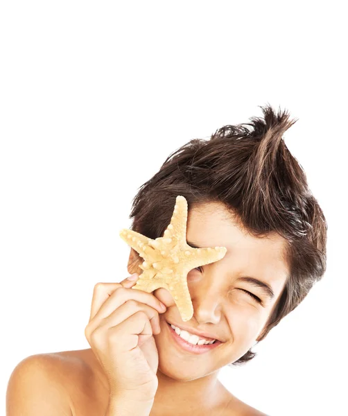 Happy face cute boy with starfish — Stock Photo, Image