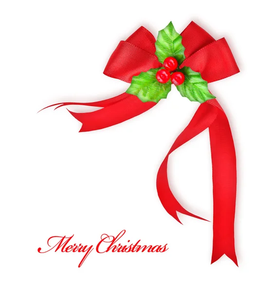 Fiocco di bacca di agrifoglio e fiocco rosso, bordo decorazione di Natale — Foto Stock