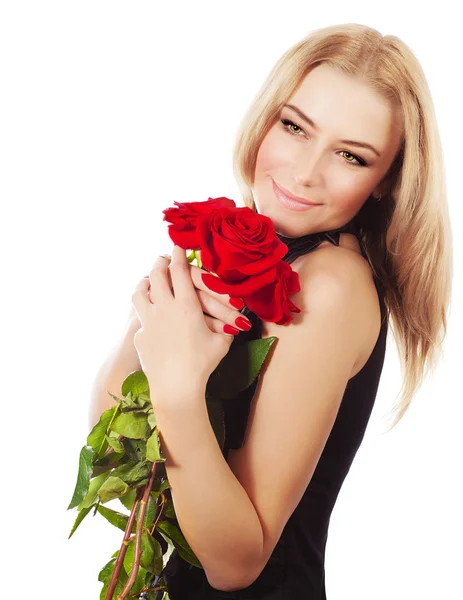 Schöne Frau mit roten Rosen Strauß — Stockfoto