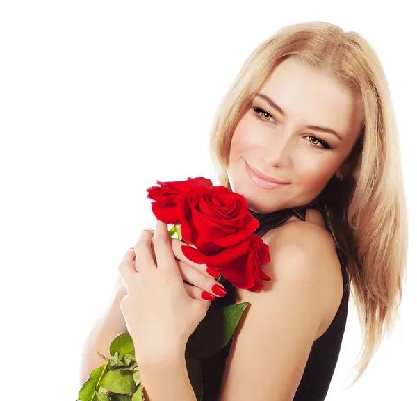 Hermosa hembra sosteniendo ramo de rosas rojas —  Fotos de Stock