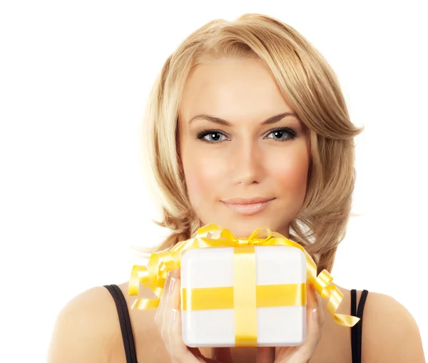 Beautiful female holding gift box — Stock Photo, Image