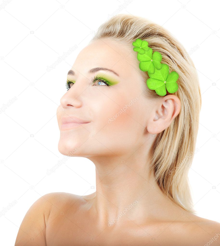 Beautiful woman with wreath of clover