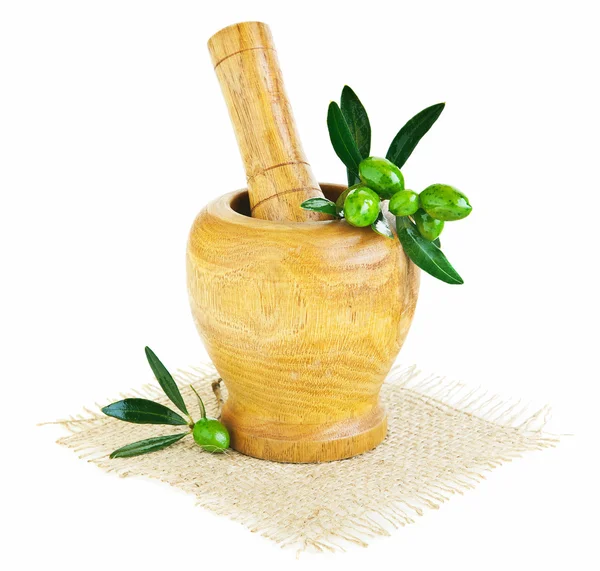 stock image Wooden mortar with fresh green olives