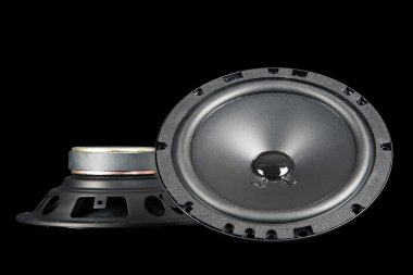 Two car speakers shown from the front and side clipart