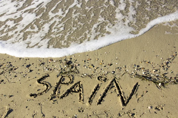 stock image Waves on the sand of a beach with the text Spain