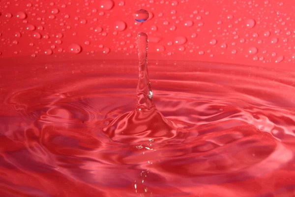 Spatten waterdruppels op rode achtergrond — Stockfoto