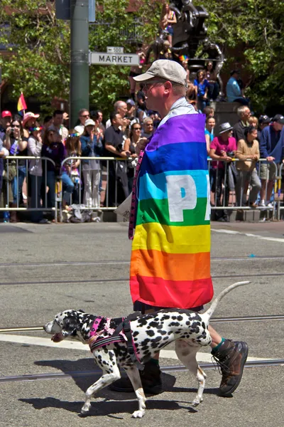 Guy at Gay Pride kääritty sateenkaaren lippu kolmijalkainen koira — kuvapankkivalokuva