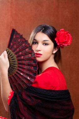 Flamenko dansçısı kadın çingene kırmızı gül İspanyol fan