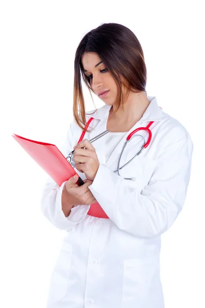 Brunett indisk läkare kvinna med röd mapp — Stockfoto